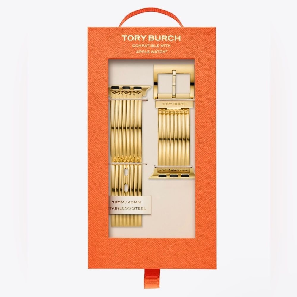 Tory Burch Gold Stainless Steel Apple Watch Band with Orange Box